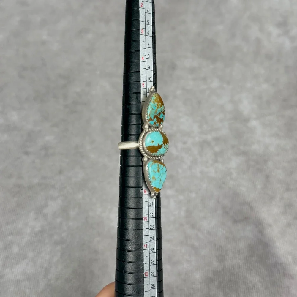 Sterling Silver 925 No. 8 Turquoise Triple Stone Statement Ring Size 7